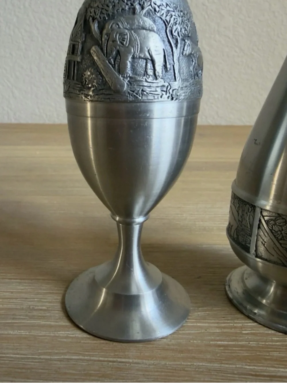 Vintage Pewter Skinny Bud Vases And Pitcher 8” and 6” Tall Silver Color Set of 2